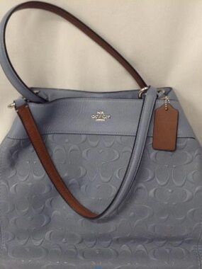 Coach Triple Entry Signature Leather Tote in Light Blue